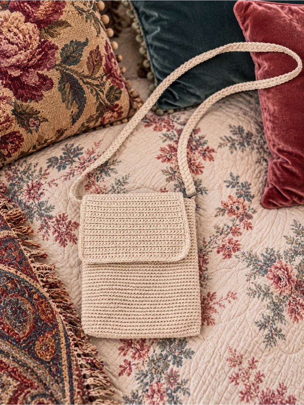 Madison Studio Vintage Crochet Crossbody Bag Ivory Boho Y2K